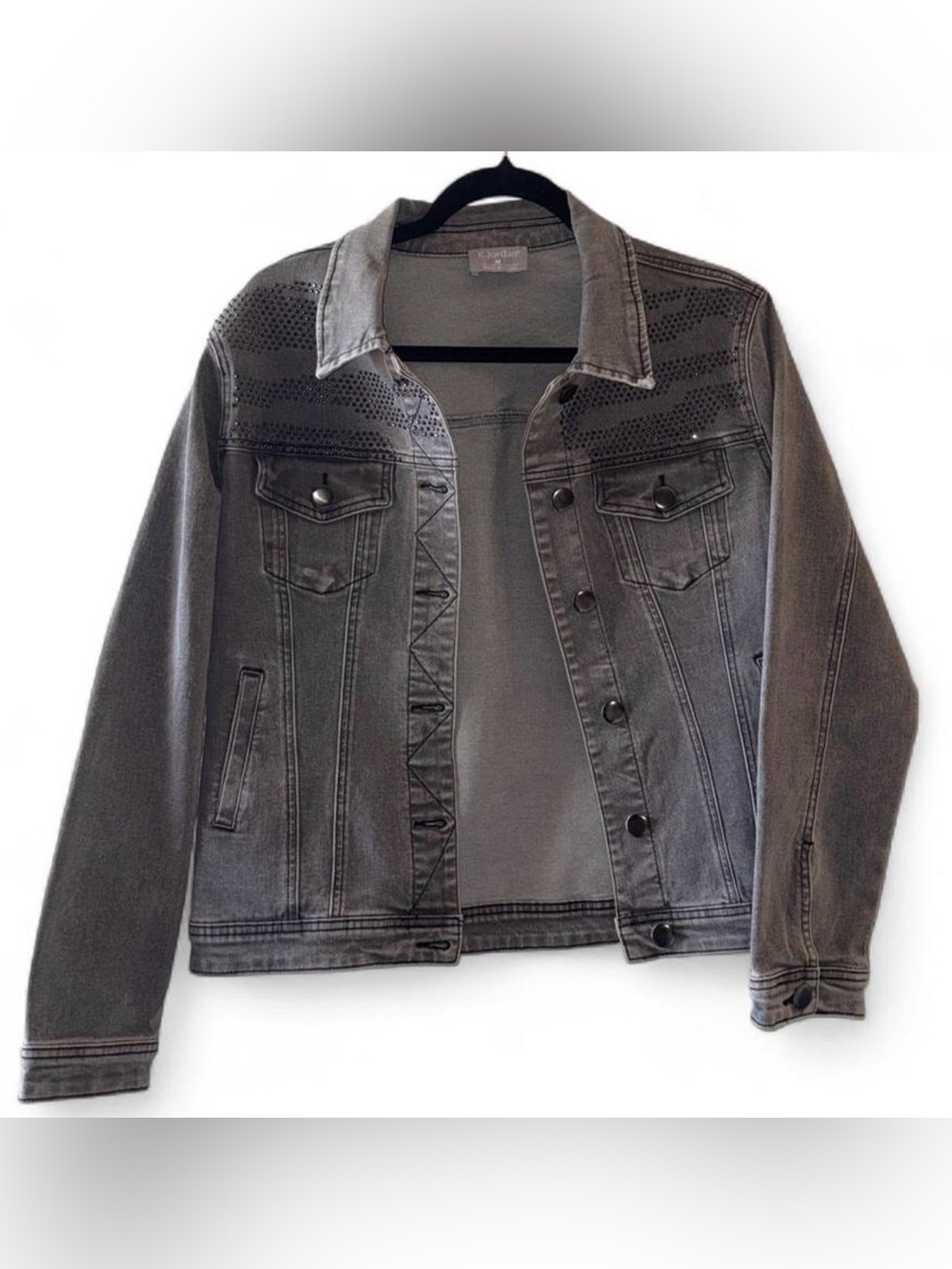 Festival Rhinestone Oversized Grey Denim Jacket with Studded Yoke Size M
